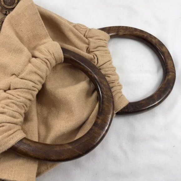 Boho Linen Fabric Handbag Purse with Wood Handles  Coconut Shell Bead Design - Picture 4 of 6